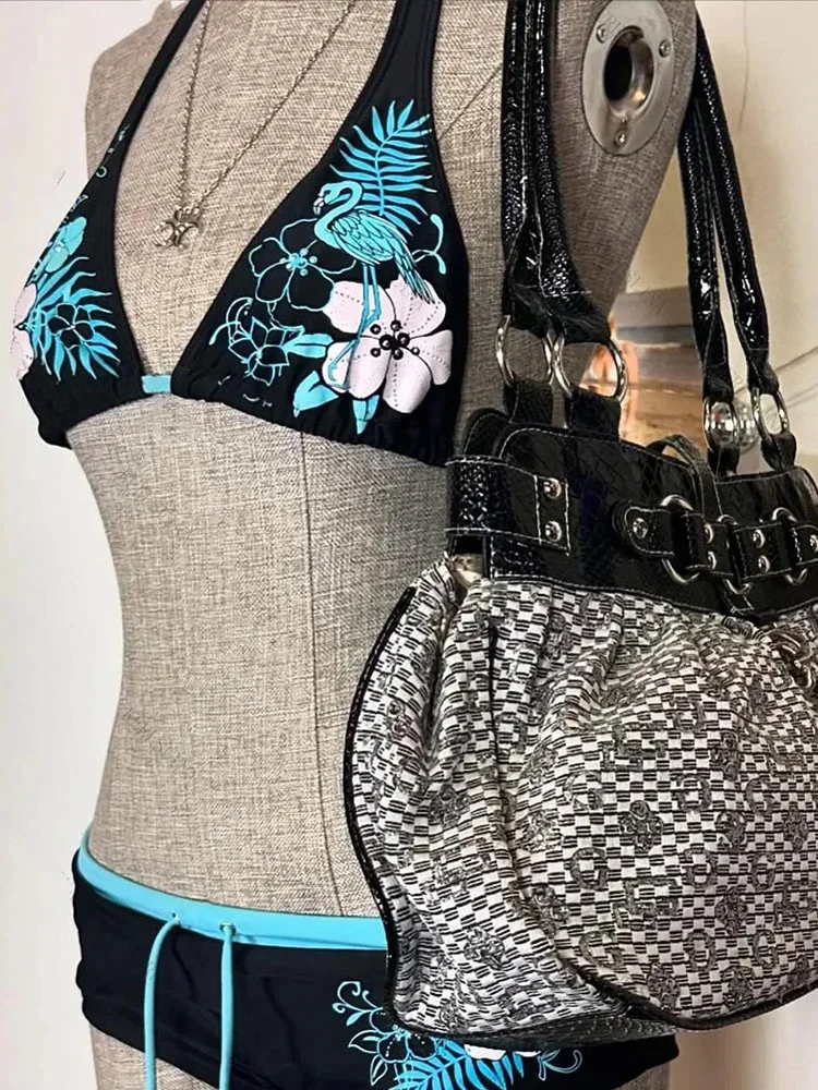 خمر زهرة طباعة كتي مجموعة بيكيني 2000s ملابس السباحة مثير النساء الاستحمام موضة الرسن حزام ملابس السباحة شارع العليا الشاطئ الإناث #2