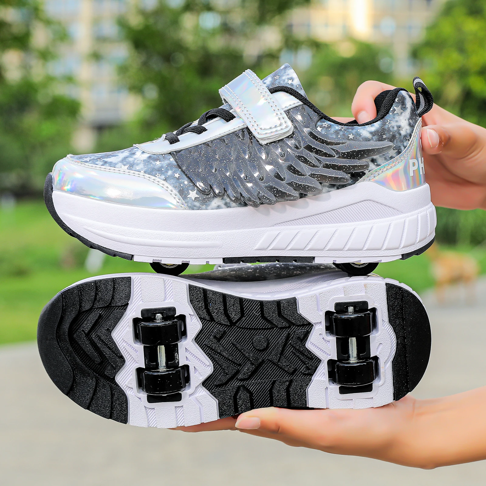 

Kids 4 Wheels Roller Skating Shoes With Wings Walking Shoes Detachable Wheels Roller Skate Shoes For Teenagers Velcro