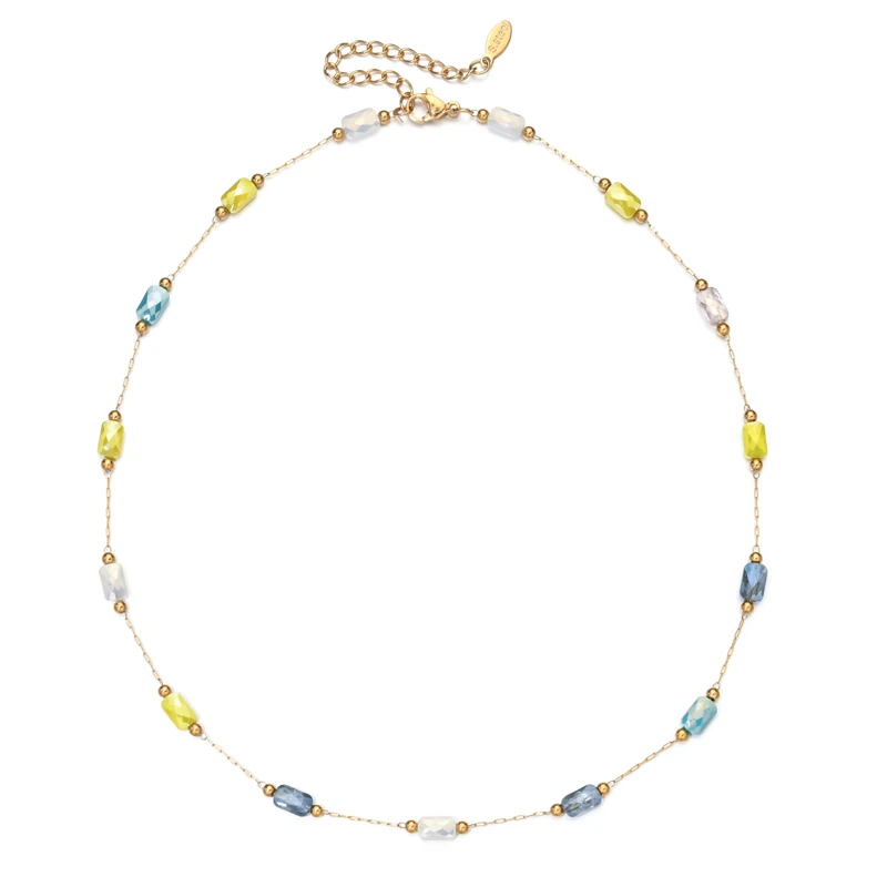 ZMZY Boho Simple Square Glass Beads Summer Spring Color Chain Choker Fashion Stainless Steel Necklaces For Women Jewelry Gifts