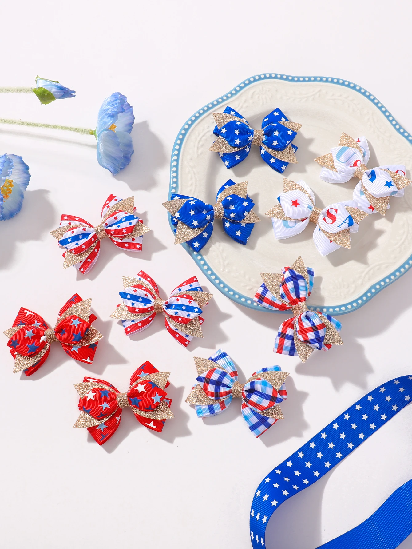 

10pcs/set Independence Day Kids Bows Hair Clips for Women Girls Print Star Glitter Bowknot Hairpin Headwear Hair Accessories