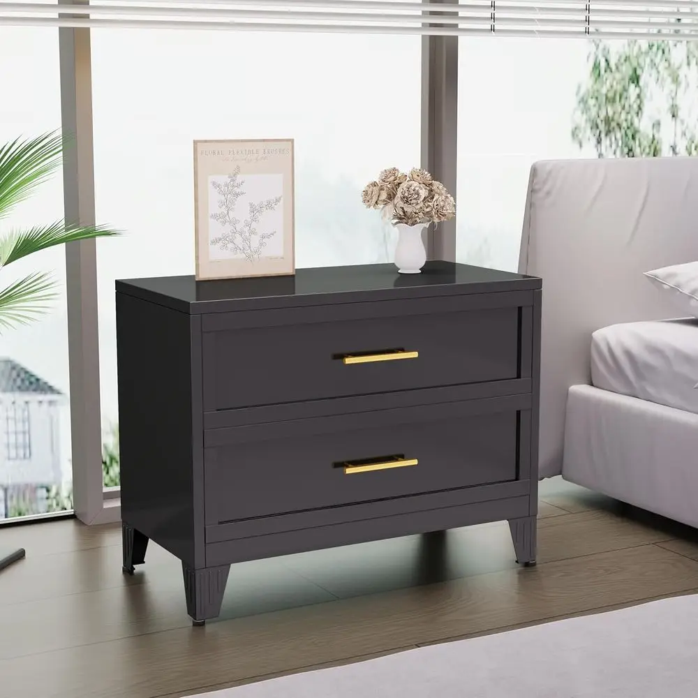 

Bedroom 2 Drawer Chest, Metal Nightstand/Side Table with Under Desk Storage, Small Size (Black)