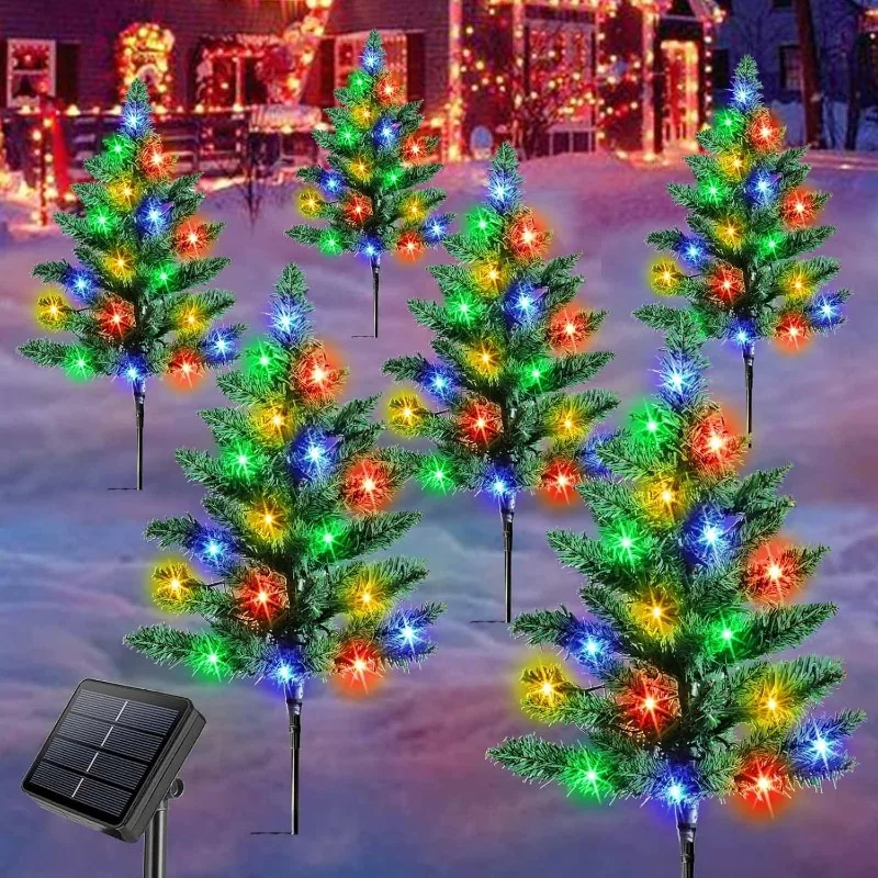 Homeleo 6-Pack Solar Small Christmas Trees for Outdoor Decorations, 120 LED Artificial Prelit Christmas Tree, Solar Powered