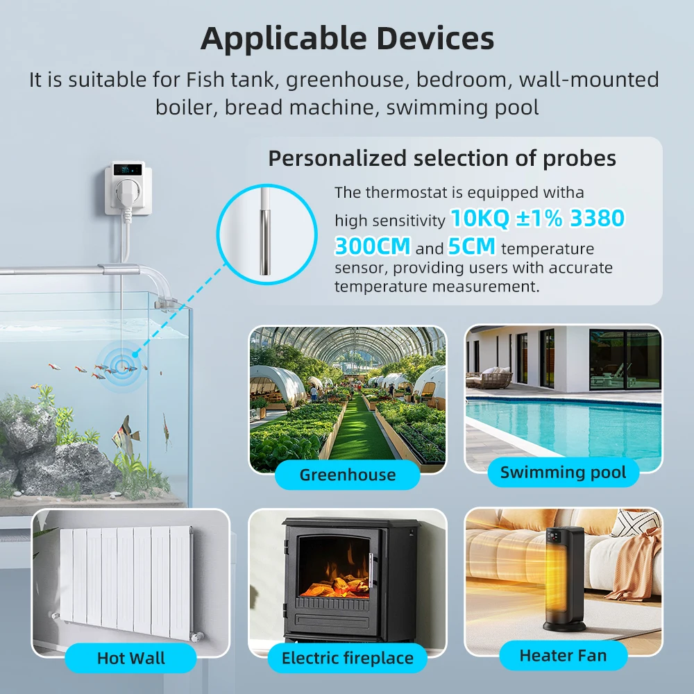 MIUCDA Tuya WiFi Smart Thermostat Socket 16A Outlet Plug Remote Temperature Controller Time Switch Cooling Heating 3M NTC Sensor