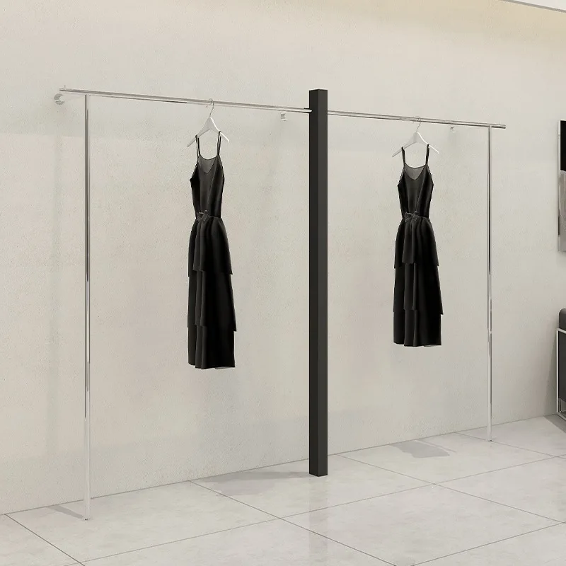 Clothing store black upper wall stainless steel clothes rack floor-to-ceiling shelf display