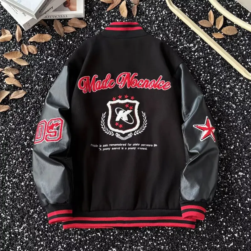  American Retro Baseball Jacket High Street Patchwork Color Block Casual Loose Top  2025 Trendy Brand  Outerwear Y2K Jackets