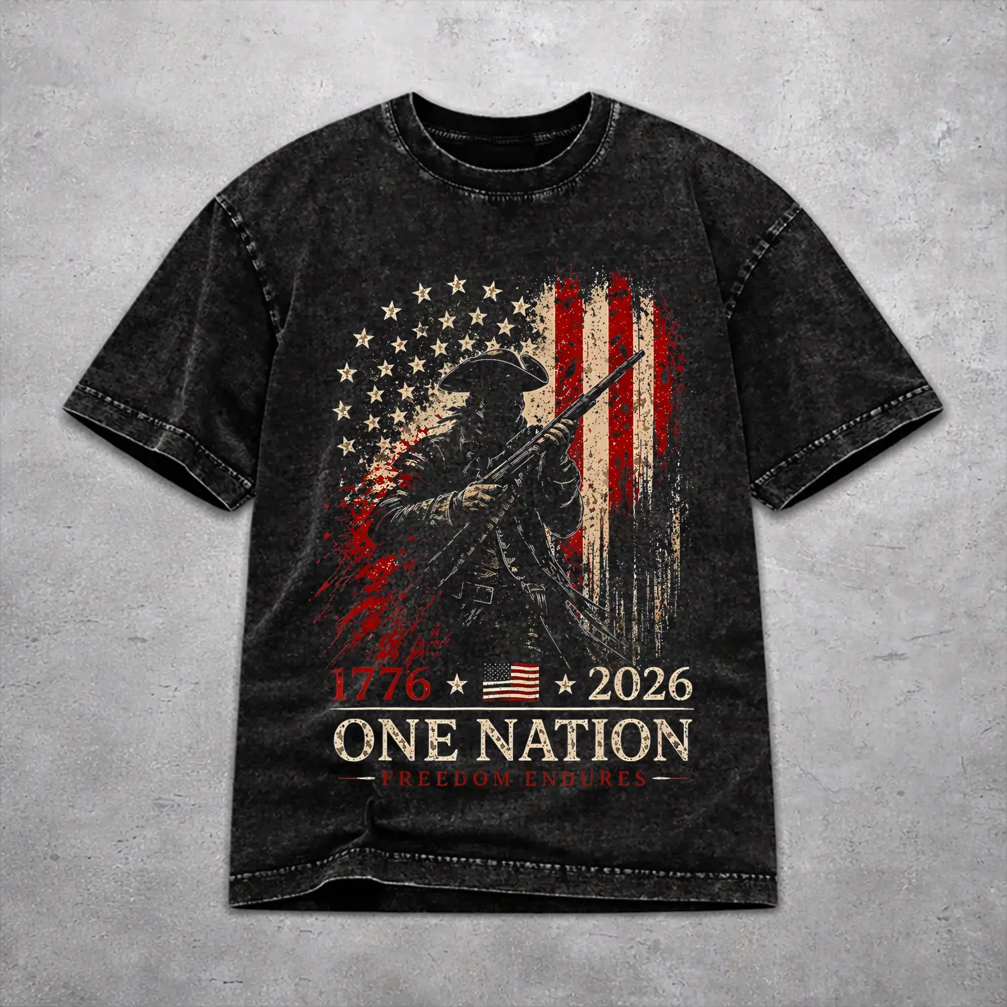 Vintage Men Women 1776-2026 Patriotic Soldier Tee Shirt Washed Style  T Shirts Outfits