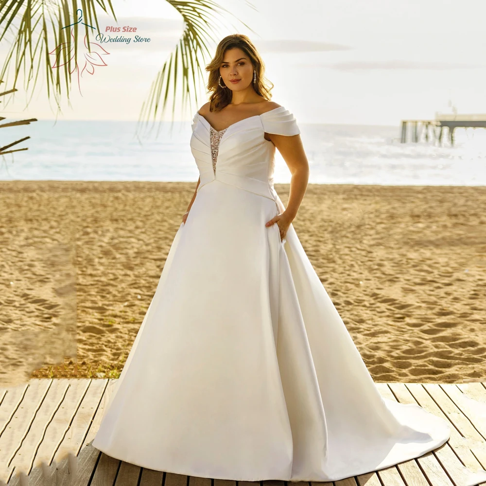 

Elegant Off Shoulder Wedding Dresses Plus Size V Neck Sleeveless Bride Gowns Beading Floor Length A-Line Vestido De Noiva 2024