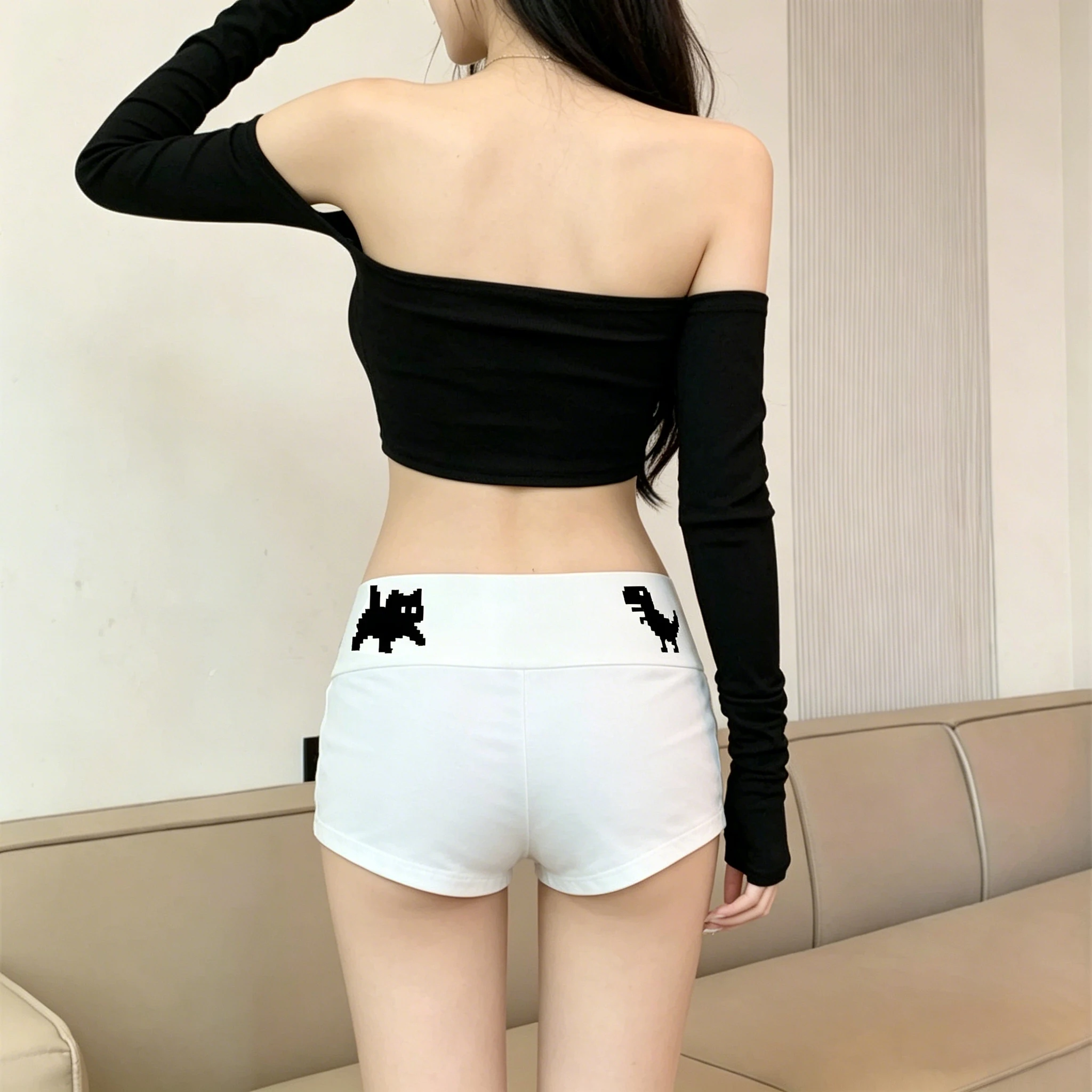 

Cat and dinosaur cartoon pattern printed slim and fashionable trendy shorts sport pants original street style retro style Y2K