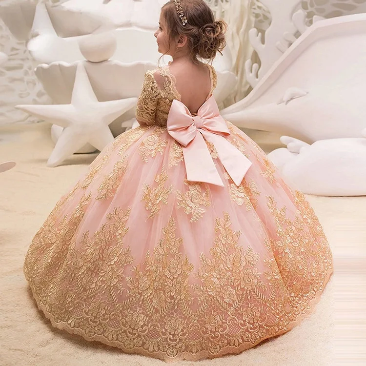 New Children's Wedding Dress Girl's Mid Sleeved Lace Birthday Performance Hosting Long Dresses Ball Gown Flower Girl Dresses