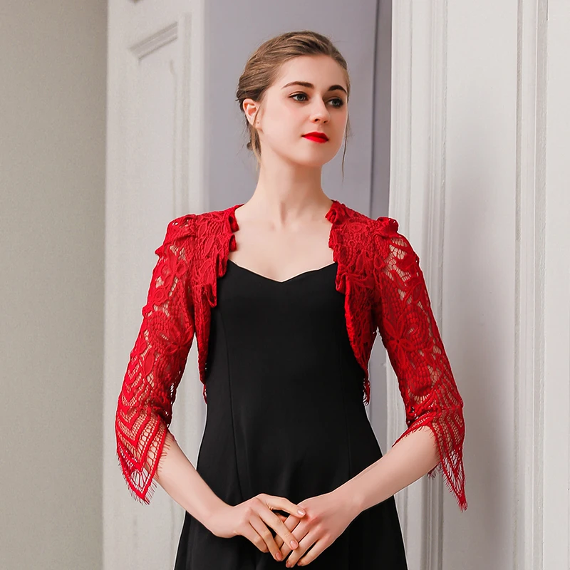 Half Sleeve Burgundy Black White Bridal Jacket Wraps Shawls Lace Wedding Jacket Women Bolero Evening Party Dress Capes Jacket