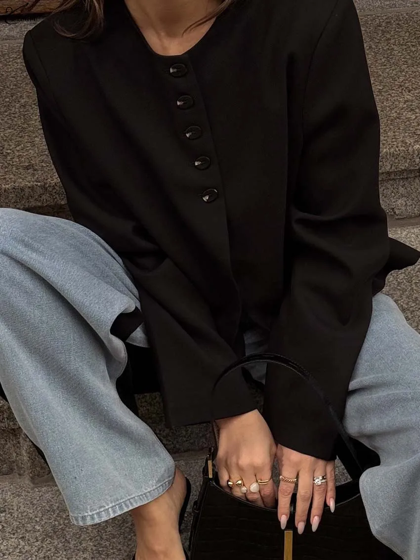 Oymimi mode noir col rond femmes Blouse automne décontracté à manches longues simple boutonnage chemises élégant solide mince Blouse Streetwear