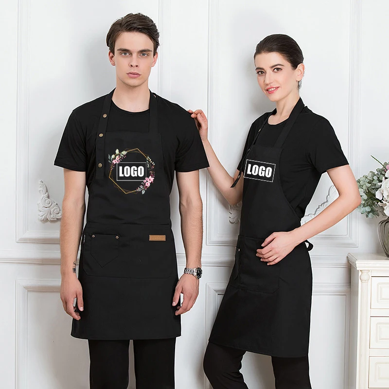 Custom Embroidery Printing Brand Logo Black Unisex Waiter Cooking Restaurant Pocket  Adjustable Hanging Neck Men Apron for Woman