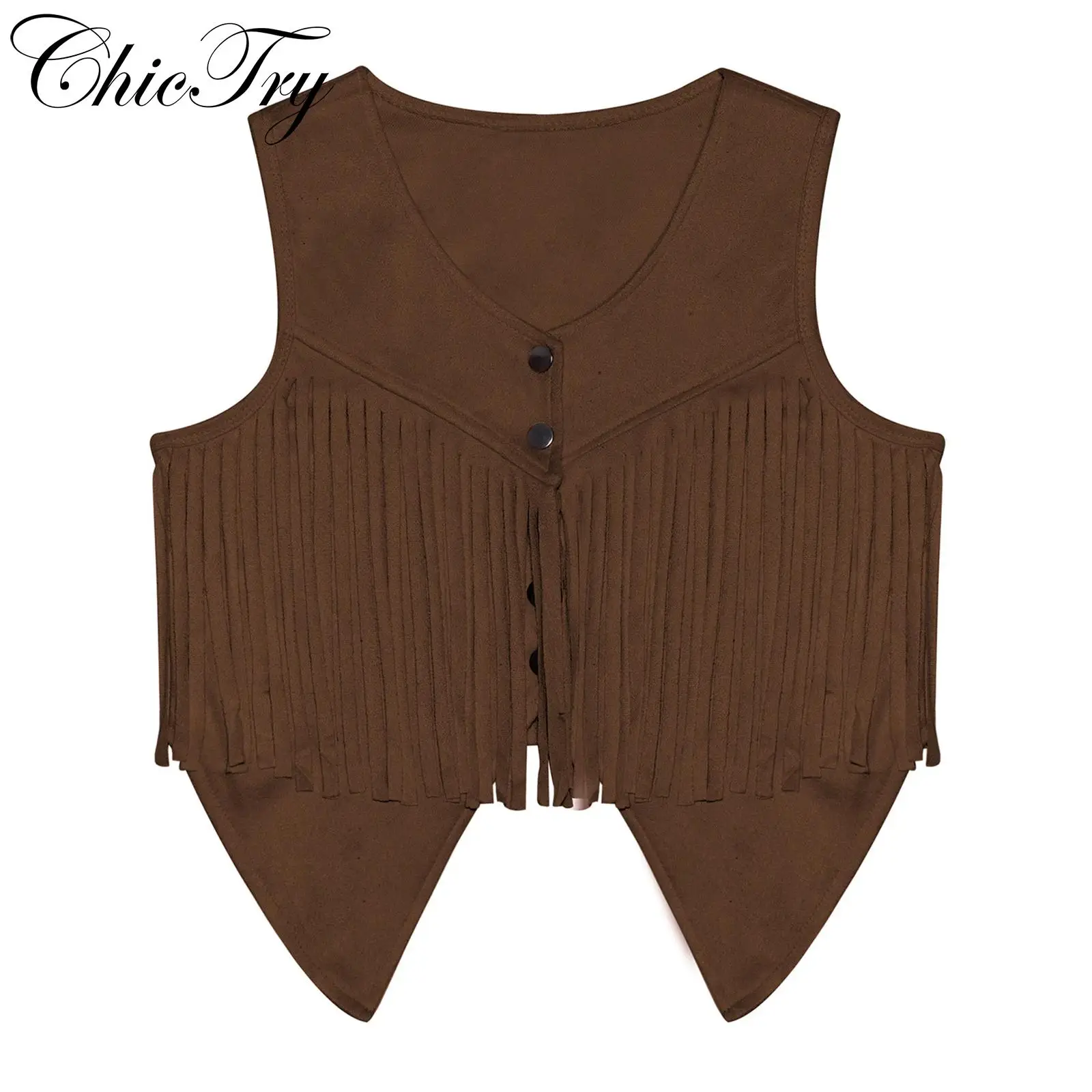 

Kids Girls Western Cowgirl Costume Halloween Cosplay Waistcoat Sleeveless Vest Press Buttons Faux Suede Fringe Carnival Dress Up