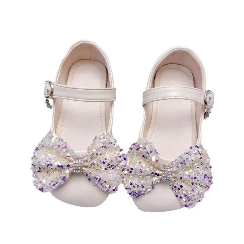 Sapatos de princesa respirável feminino com arco plano, antiderrapante, único, sapatos de brilho infantil, sapato de cristal bebê, bege, tamanho 24-35, 2023, novo