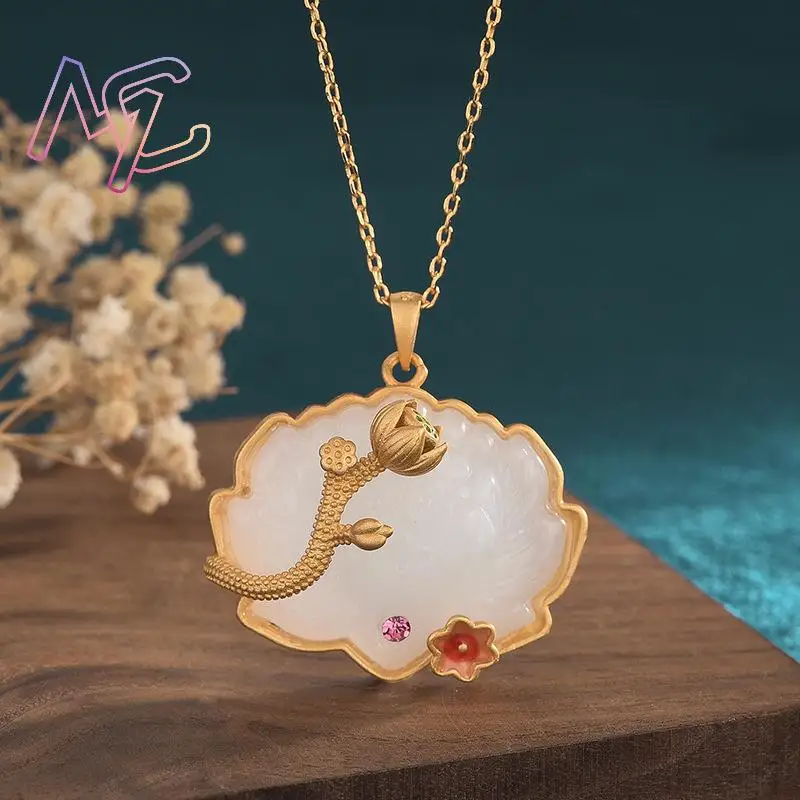 White Natural Jade Lotus Pendant Necklace Designer Carved Gemstone 18K Gold Plated Real Jewelry Gifts for Women Stone Talismans - Image 2