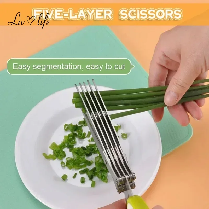 Multifunctional 5/3 Layers Stainless Steel Knives Kitchen Scissors Scallion Cutter Herb Laver Spices Cook Cut Shredders Slicers