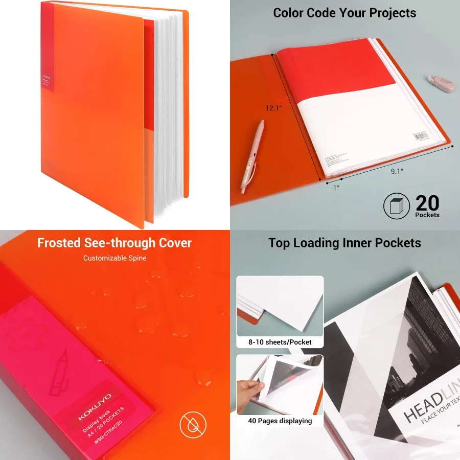 Raccoglitore con maniche in plastica a 20 tasche per esposizione di arte e presentazioni Cartella portfolio in formato A4 da 9x12 pollici con 40 fogli trasparenti