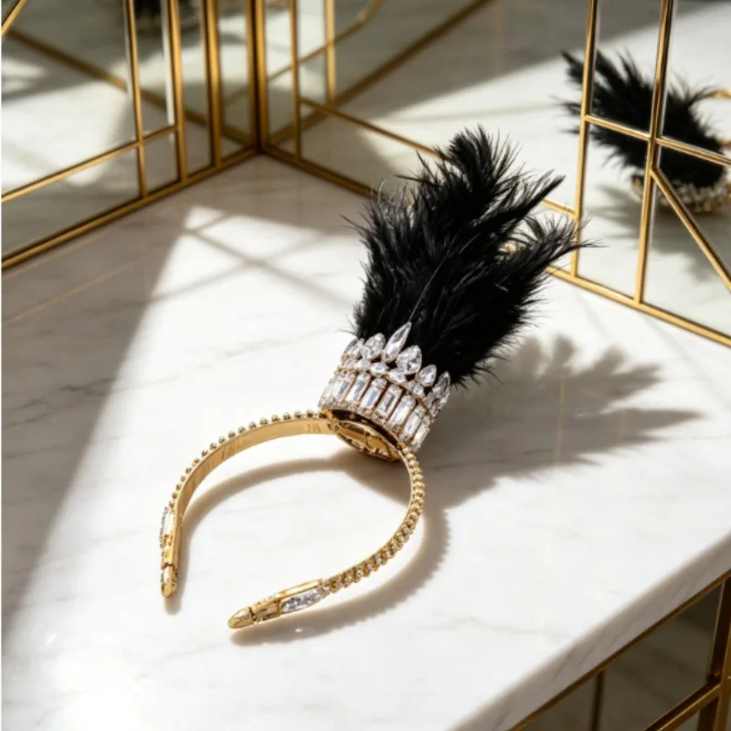 Roaring 20s Flapper Feather Crown Headband, Crystal Rhinestone Beaded Tiara, Sparkling Party Prom Wedding Hair Accessory for Her