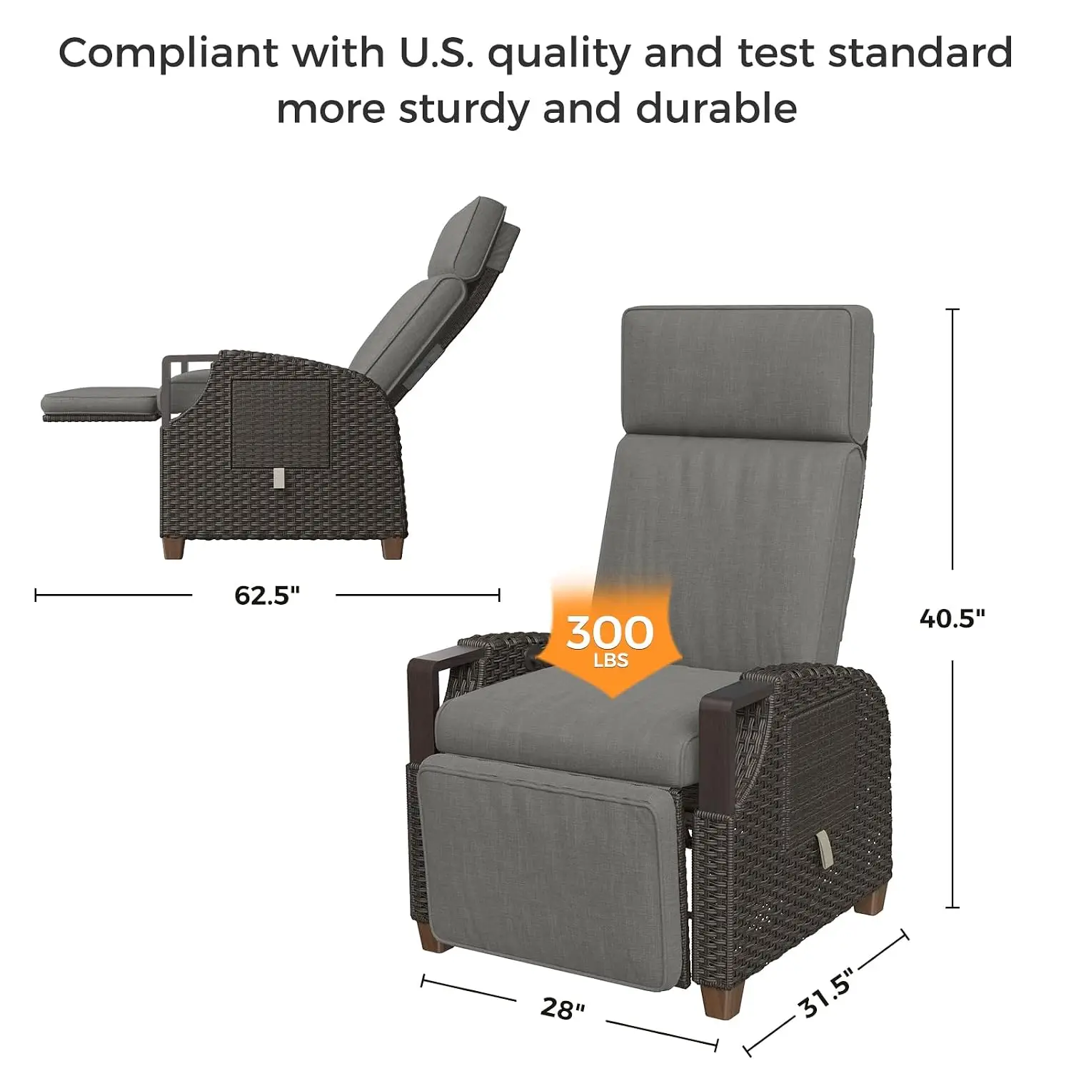 Outdoor Recliner 150° Lay Flat Wicker Chair Adjustable Back & Footrest Removable Cushion Flip-Up Table Grey 2PCS, Customized