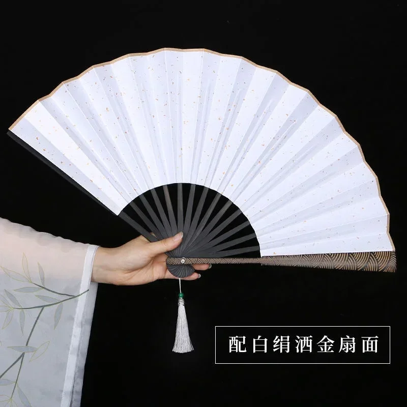 1 Pcs New Chinese Style Hand Fan Cloud Pattern Carved Gold Sprinkling Waterproof Silk Antique Tassel Men And Women Dance Fans