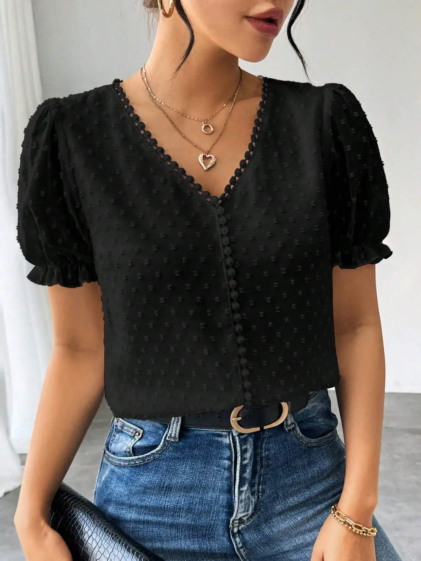 

Women Black Solid V-Neck Puff Sleeve Blouse Casual Summer Top