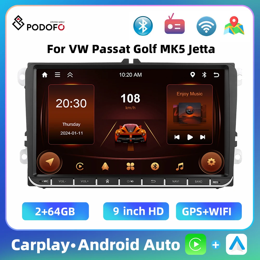 Podofo 2Din 2+64G Car Stereo For VW Passat Golf MK5 MK6 Jetta Multimedia Player Carplay Android Auto WIFI Touch Screen Car Audio