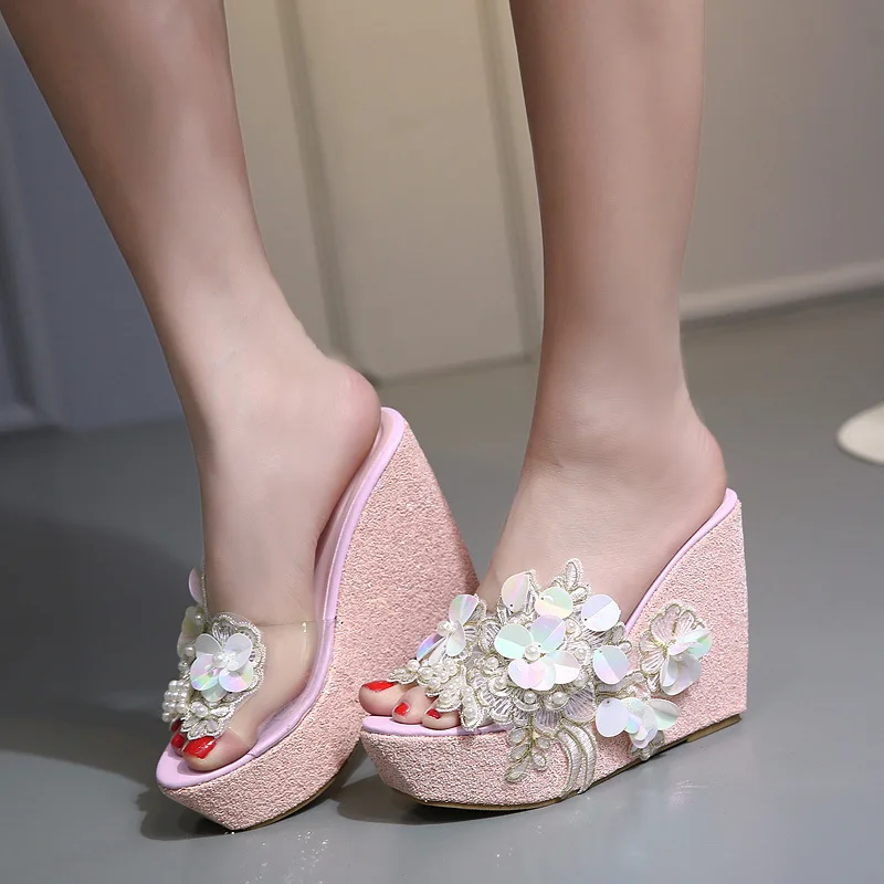

Women's Pink Floral Wedge Sandals Lace Pearl Sequin Platform Slippers Open Toe High Heels for Wedding Party Bridal Shoes