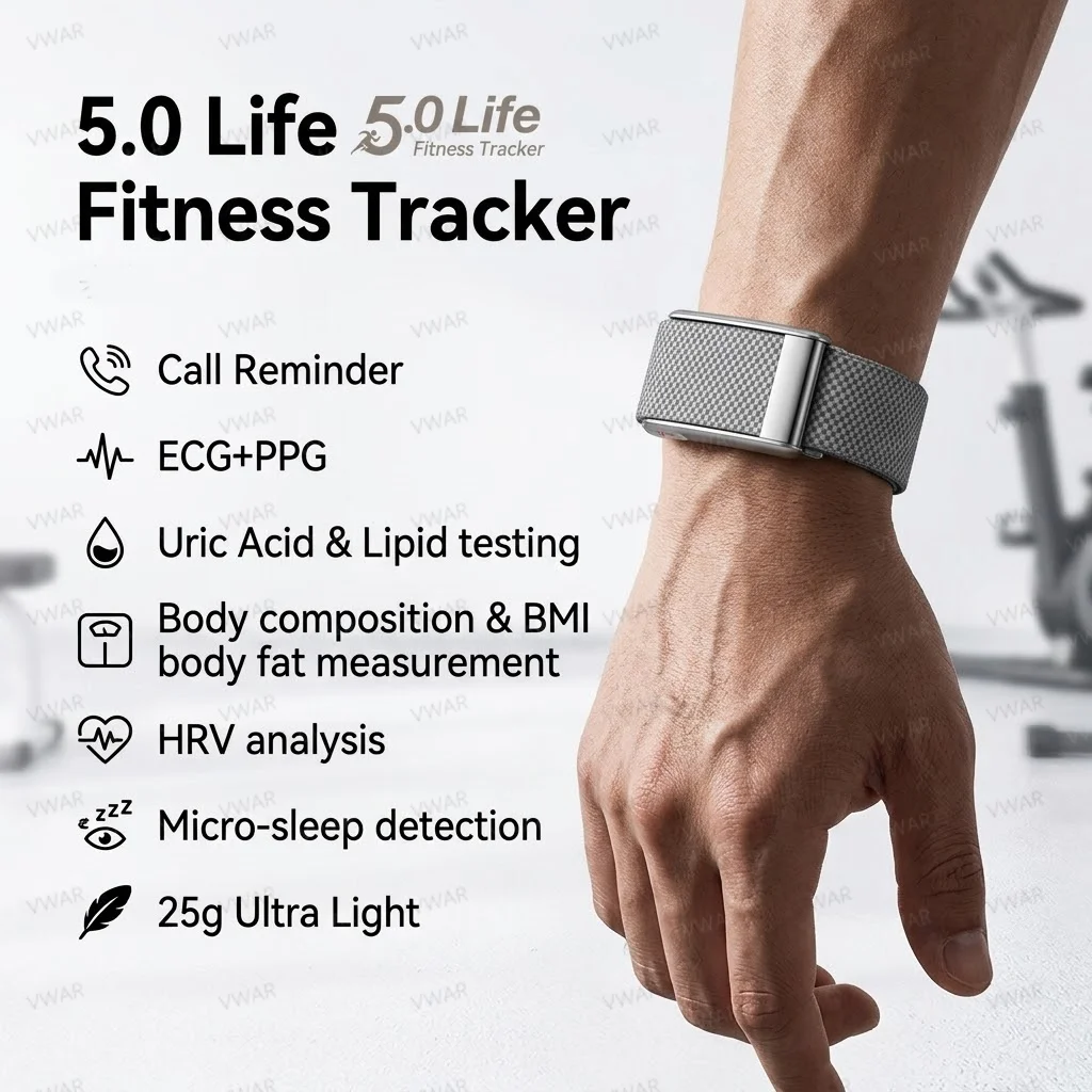 5.0 MG Sport Fitness Tracker Ultra-Light Blood Oxygen Pressure Uric Acid Blood Lipid ECG Smart Bracelet Band For Men Women