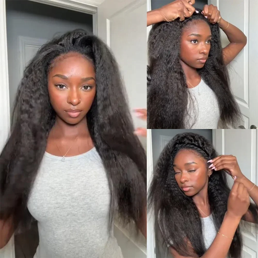 Kinky Straight Half Wig Human Hair 3 In 1 Half Wig Glueless Wigs Human Hair 200% Density Drawstring Seamless Wig For Women