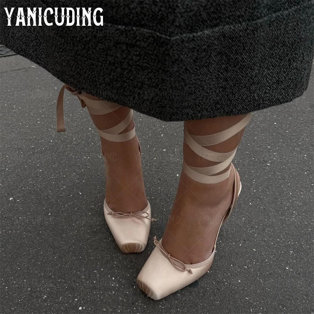 

Satin Lace-Up Pumps Ballet Square Toe Stilettos Ankle Strap Designer Style High Heels for Women Black Champagne Pumps for Women
