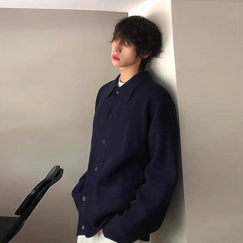 

Мужской вязаный кардиган свободного кроя синего цвета с пуговицами и воротником, осенне-зимний, в японском ретро-стиле, модный топ в стиле lazy fashion