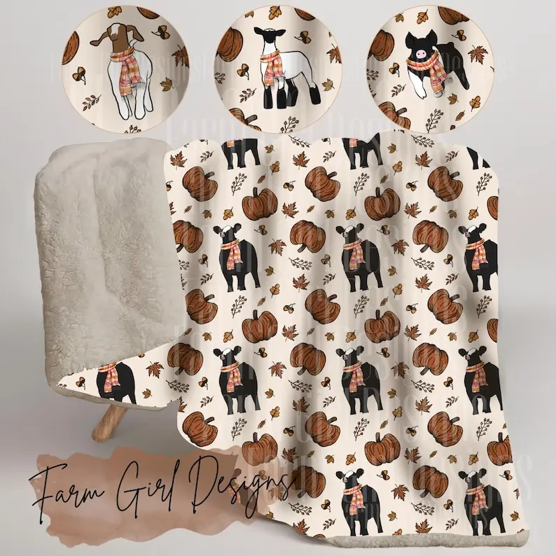 Livestock Fall Pumpkins Sherpa Blanket |   Cattle Lamb Goat Pig