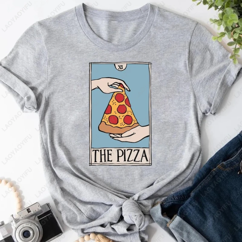 تي شيرت بيتزا شريحة بطاقة التارو جرافيك بتصميم مضحك تي شيرت كاجوال رائع وفريد من نوعه للطعام للرجال والنساء من القطن عتيق للجنسين للبالغين