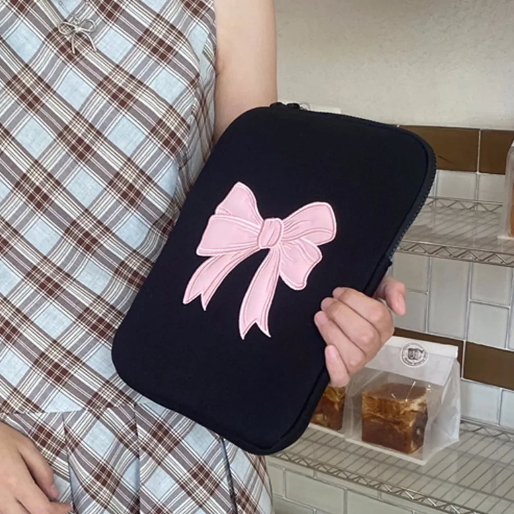 Portable Pink Bow Tablet Sleeve Bag 11/13/15 Inch Embroidered Laptop Pouch Fall Prevention Black Computer Storage Bag Girl