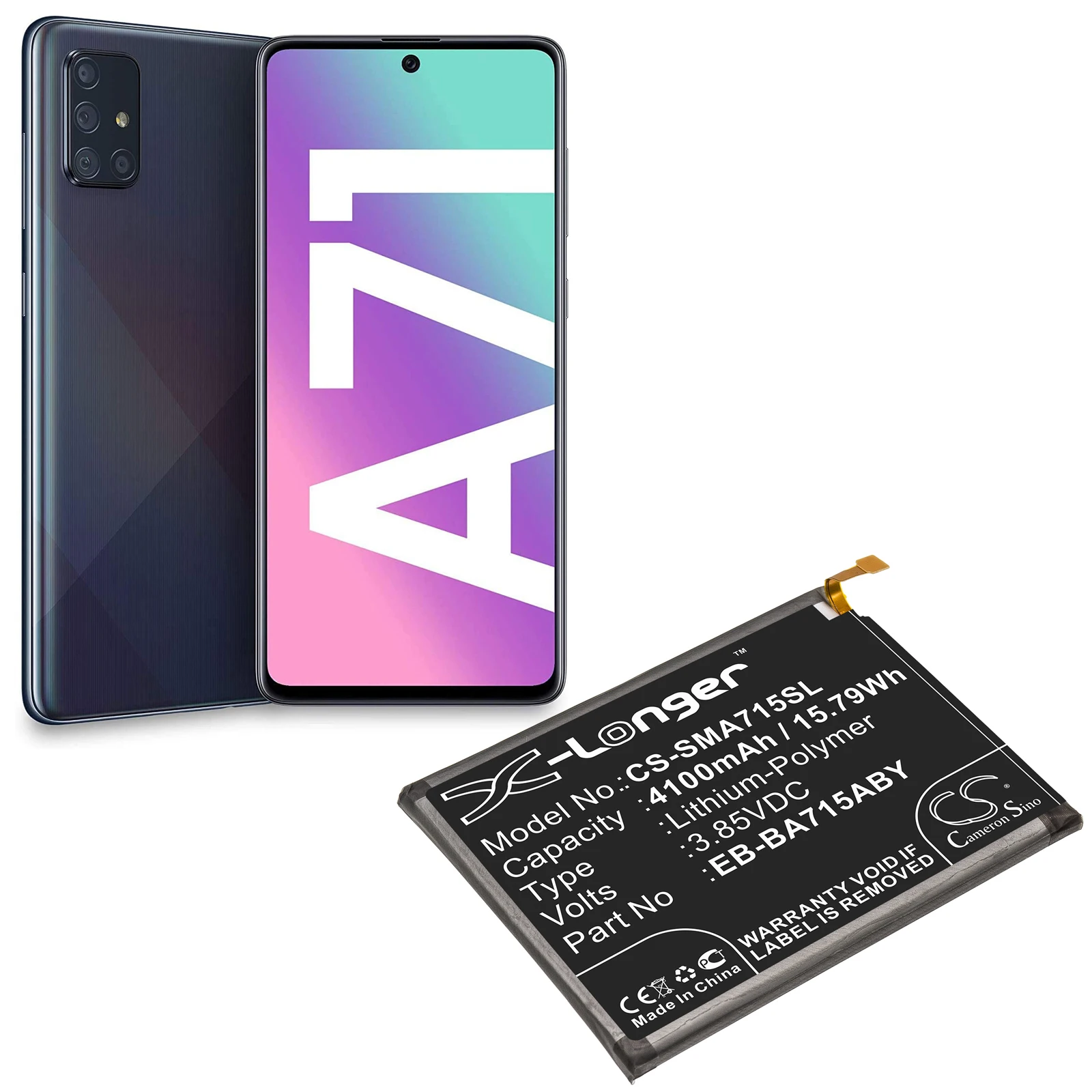 CS Replacement Battery for Samsung Galaxy A71,SM-A715F,SM-A716U,SM-A7160,SM-A716B,SM-A716G PN:EB-BA715ABY,G 4100mAh / 15.79Wh