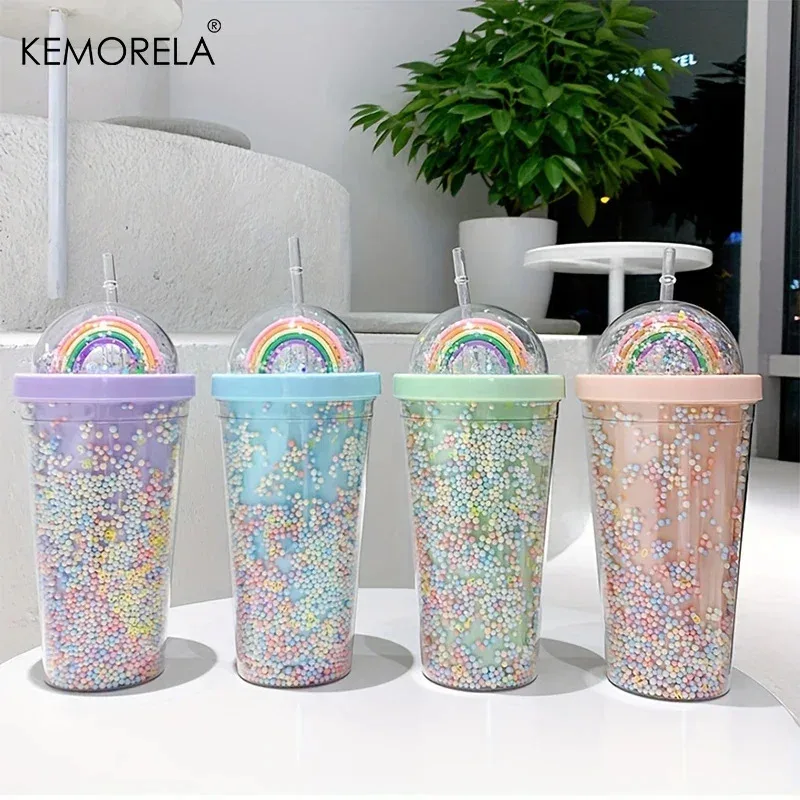

TOPLIVING 500ML Cartoon Cute Rainbow Cup With Straw Double Plastic BPA Free Woman Girl Water Bottle For Juice Milk Coffee Drinki
