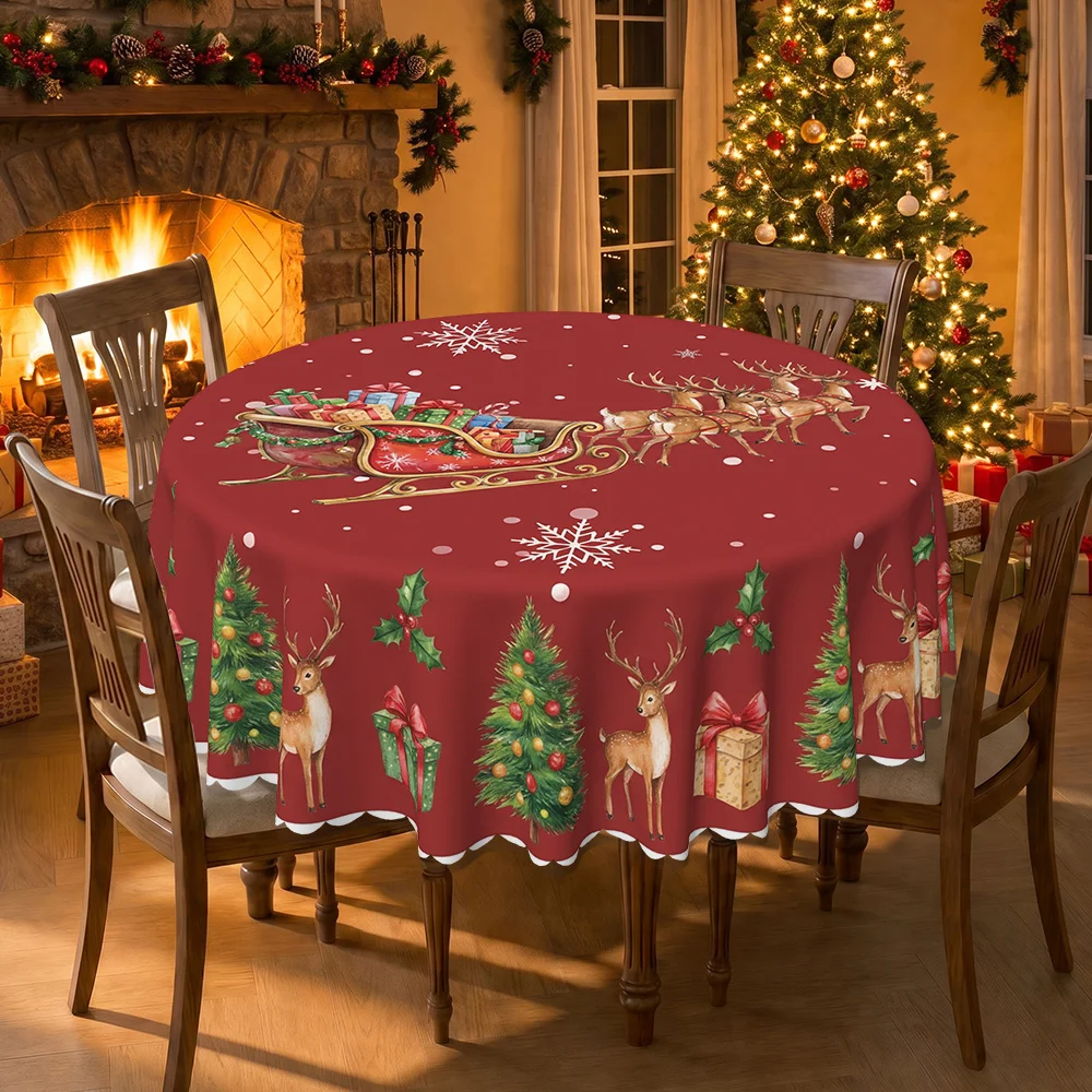 Christmas reindeer sleigh tablecloth (round) for indoor and outdoor use, reindeer and sleigh print with gift pattern