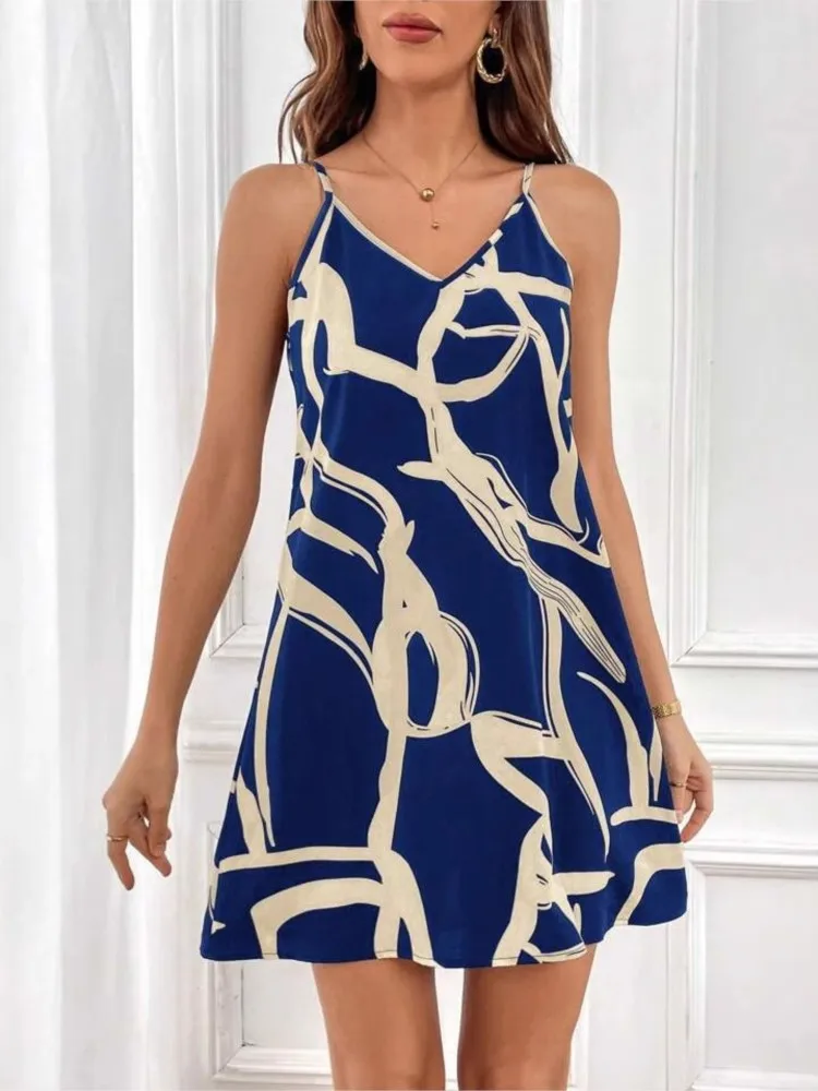

New Women's Summer Loose Fashion Irregular Stripe Printed Sexy V-neck Sleeveless Elegant Strap Short Dress