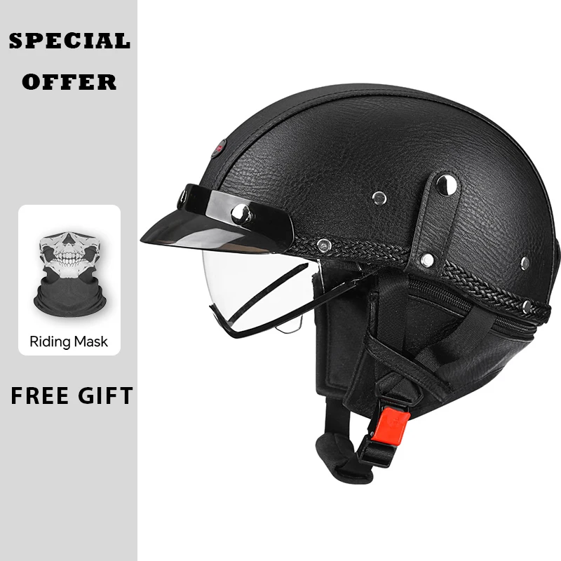 

Factory Wholesale Price Half Face Helmet High Quality Black Leather Half Helmet Adult Men Women Motorcycle Helmets Four Seasons