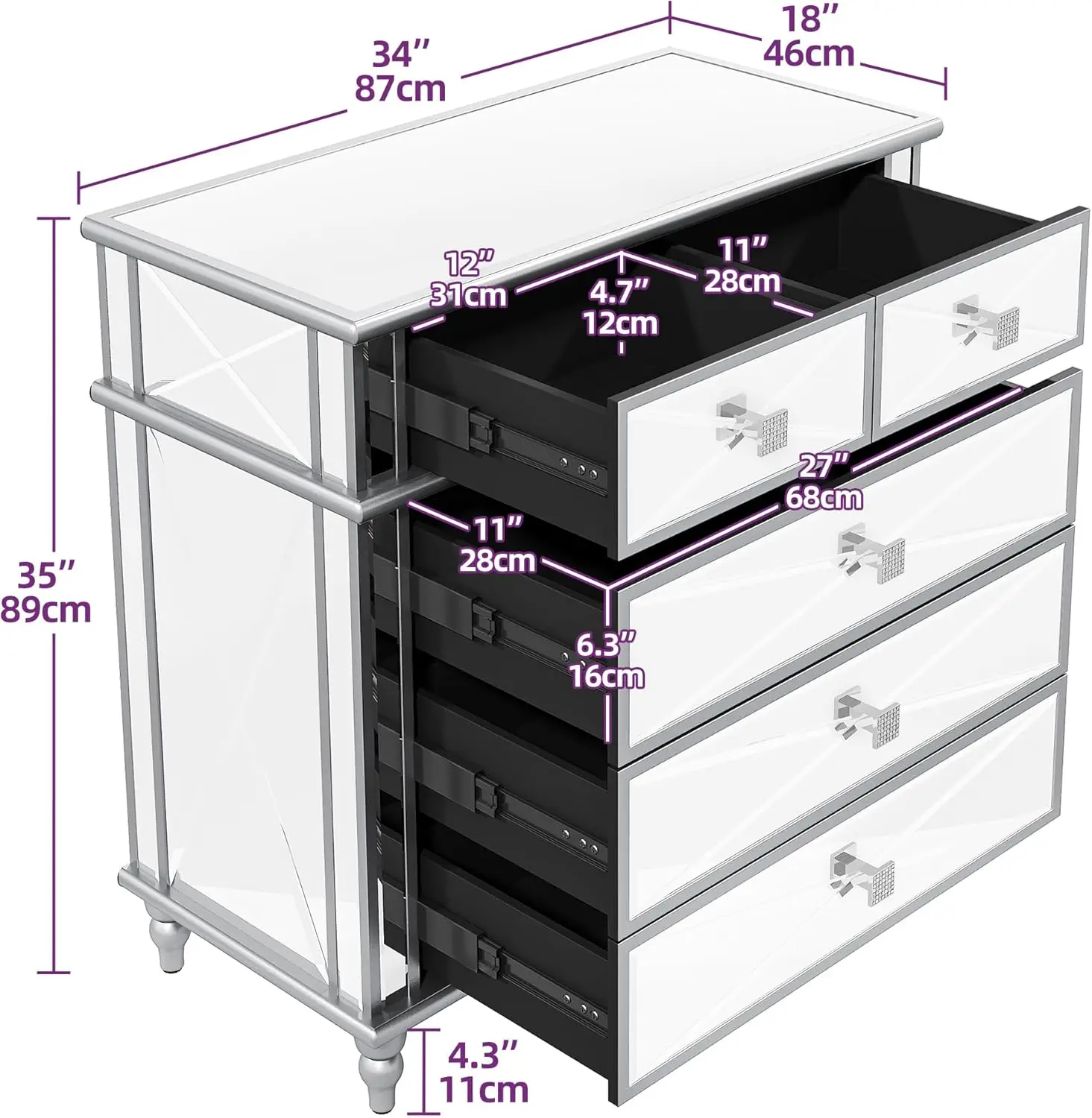 Dwvo Silver Mirrored 5 Drawer Dressers - 35