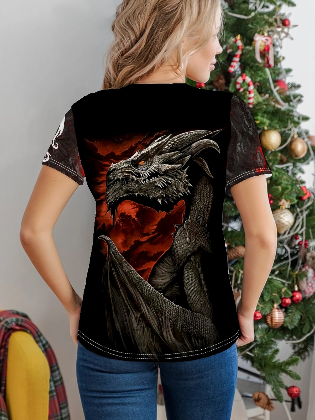 Black Dragon Print T-shirt, Casual Crew Neck Short Sleeve Top For Spring & Summer, Women\'s Clothing