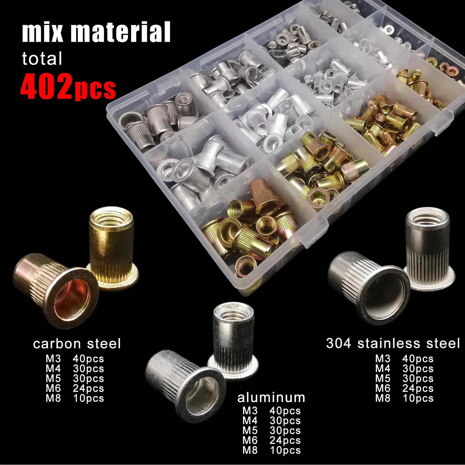 70/205/402pc M3 M4 M5 M6 M8 Mix Size 304 Stainless Steel Aluminum Carbon Steel Flat Head Rivet Nut Insert Rivnut Nutsert Set Kit