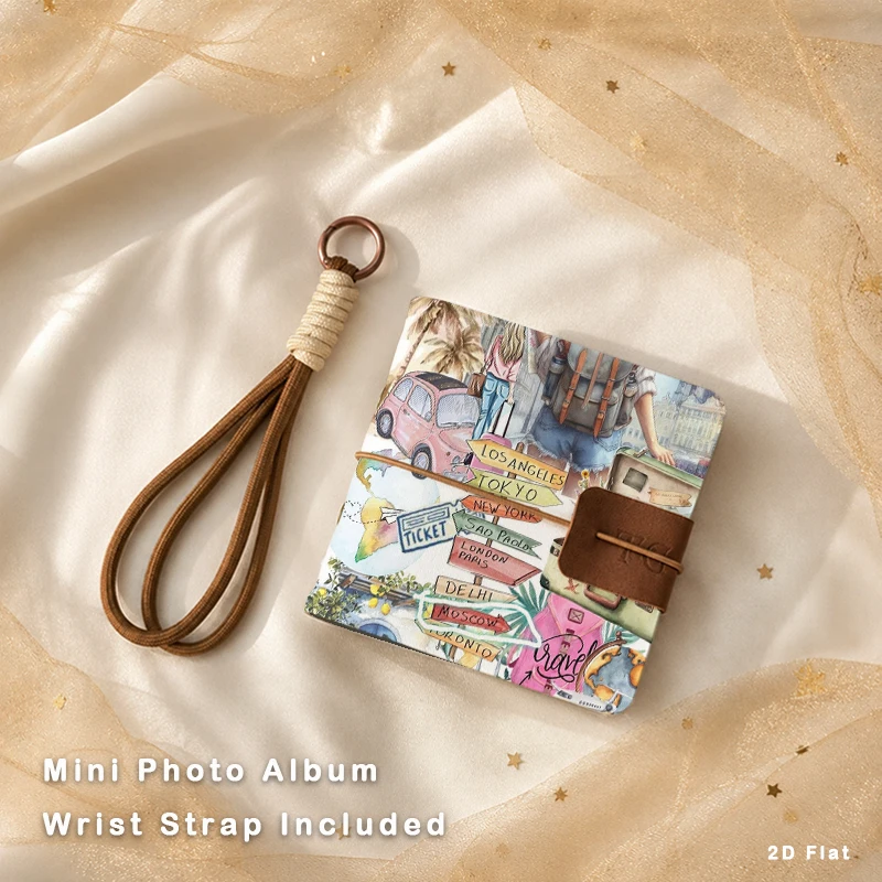 Travel World Map Mini Photo Album With Wrist Strap Portable Pocket Photo Book Picture Storage Book Souvenir Gift For Girls