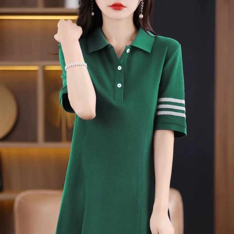 Été nouveau col pur coton ort Sve Dr femmes t-shirt barres minceur Midi a-ligne parapluie jupe taille haute