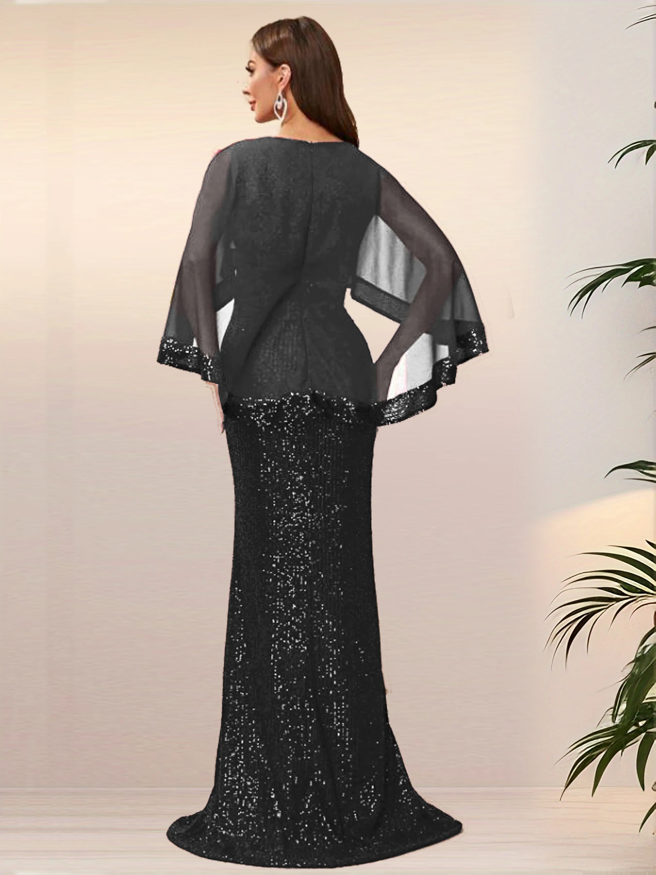 Batwing Sleeve Long Sequined Maxi Dress Patchwork Chiffon Elegant Stretch Evening Party Prom Gown for Women