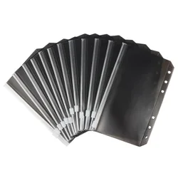 12Pcs A6 Binder Pockets Black Zipper Pouches, Translucent PVC Cash Budget Envelopes, Document Filing Bags for A6 Notebook Binder