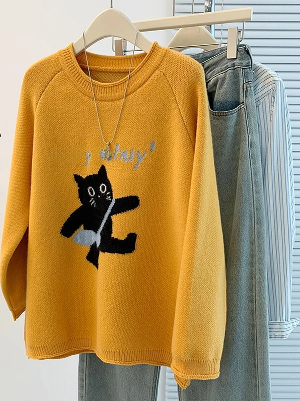 

Large Size Cartoon Knitted Sweater oulder Insertion Overhead Base irt Women's Sle Casual Autumn Winter Faion
