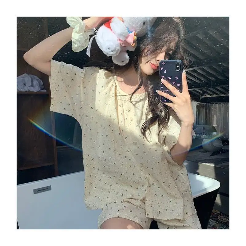 

Women's Pajama Set Fashion Homewear Cherry Print Round Neck Short Sleeve Set Soft Women Home Outdoor Wear 2024 Summer New