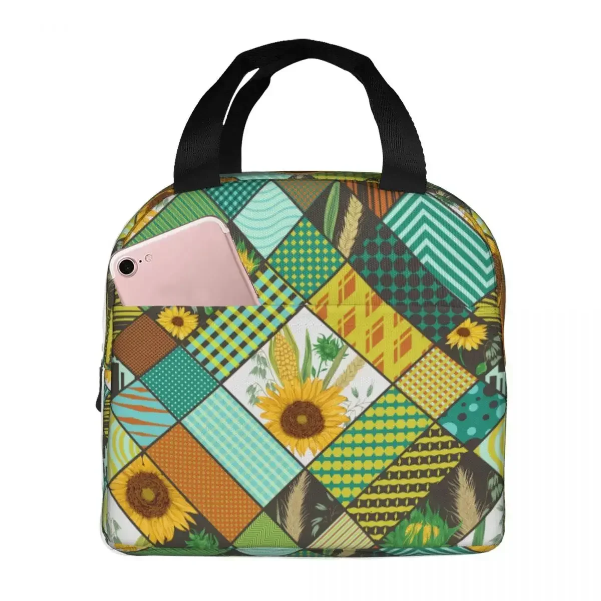 Patchwork Pattern Cereals Sunflowers Lunch Bag Waterproof Insulated Oxford Cooler Thermal Food Picnic Lunch Box for Women Girl