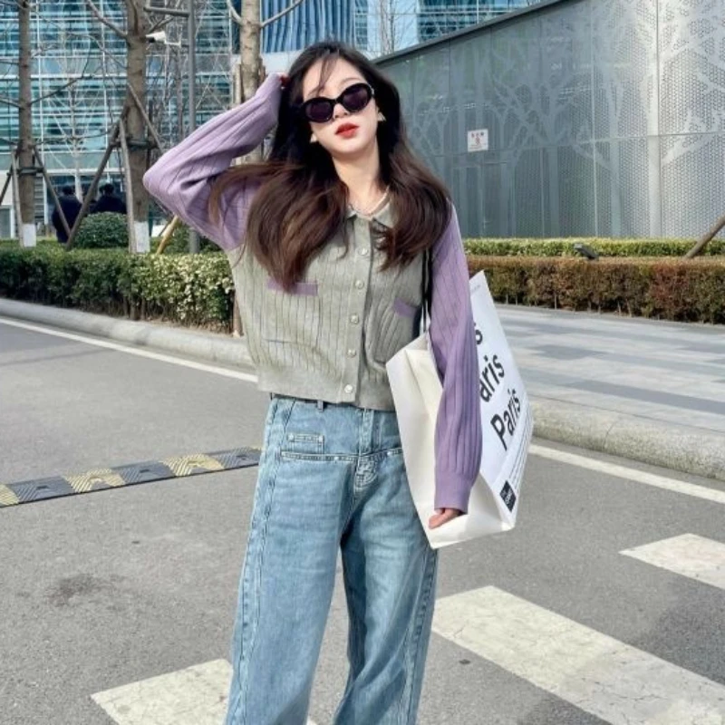 Panelled Cardigan Women Turn-down Collar Korean Preppy Style Retro Outdoor Loose Single Breasted Sweet Daily Simple Advanced